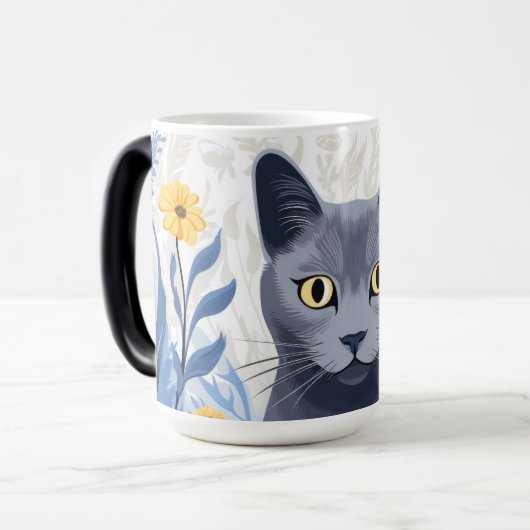 Russisch Blauwe Kat Gele Bloemen Magische Mok (Voorkant links)