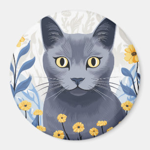 Russisch Blauwe Kat Gele Bloemen Magneet
