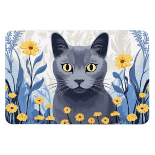 Russisch Blauwe Kat Gele Bloemen Magneet