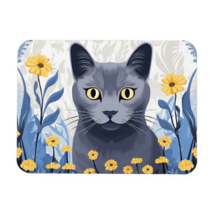 Russisch Blauwe Kat Gele Bloemen Magneet