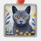 Russisch Blauwe Kat Gele Bloemen Metalen Ornament (Voorkant)