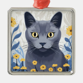 Russisch Blauwe Kat Gele Bloemen Metalen Ornament