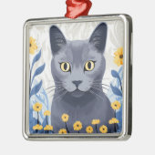 Russisch Blauwe Kat Gele Bloemen Metalen Ornament (Links)