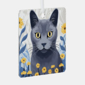 Russisch Blauwe Kat Gele Bloemen Metalen Ornament (Voorkant Rechts)