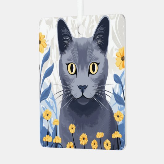 Russisch Blauwe Kat Gele Bloemen Metalen Ornament (Voorkant links)