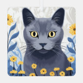 Russisch Blauwe Kat Gele Bloemen Metalen Ornament (Achterkant)