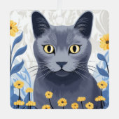 Russisch Blauwe Kat Gele Bloemen Metalen Ornament (Voorkant)