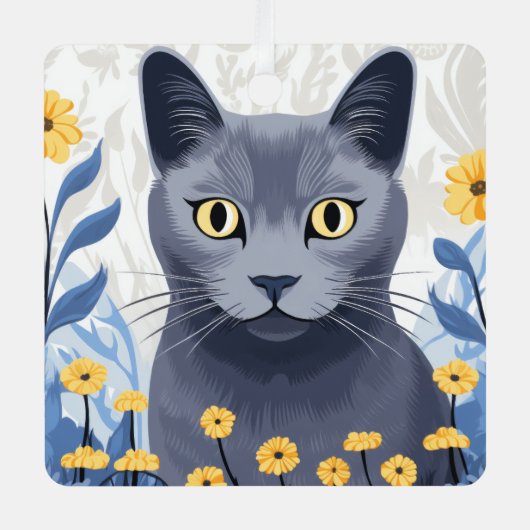 Russisch Blauwe Kat Gele Bloemen Metalen Ornament (Voorkant)