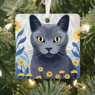 Russisch Blauwe Kat Gele Bloemen Metalen Ornament