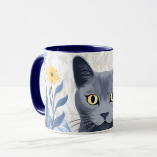 Russisch Blauwe Kat Gele Bloemen Mok
