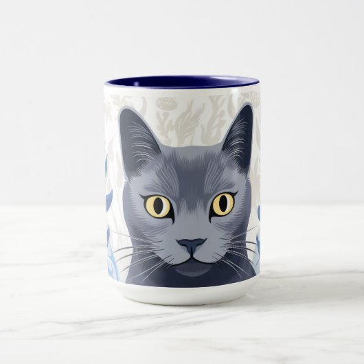 Russisch Blauwe Kat Gele Bloemen Mok (Midden)