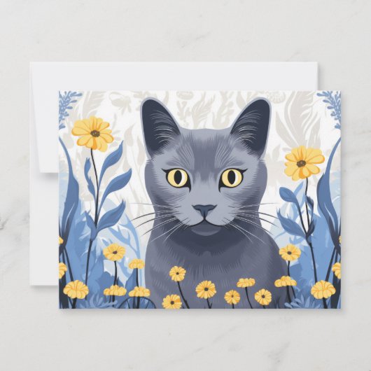 Russisch Blauwe Kat Gele Bloemen Notitiekaartje (Voorkant)