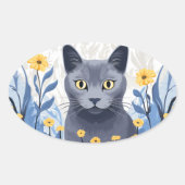 Russisch Blauwe Kat Gele Bloemen Ovale Sticker (Voorkant)