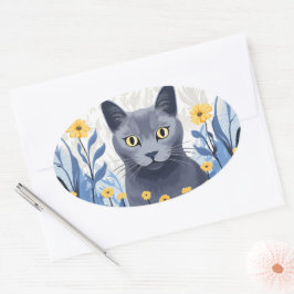 Russisch Blauwe Kat Gele Bloemen Ovale Sticker