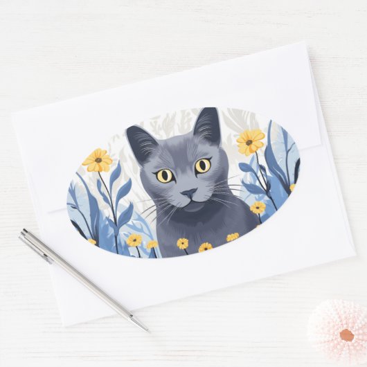 Russisch Blauwe Kat Gele Bloemen Ovale Sticker (Envelop)