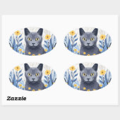 Russisch Blauwe Kat Gele Bloemen Ovale Sticker (Vel)