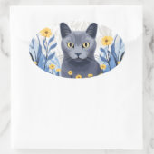 Russisch Blauwe Kat Gele Bloemen Ovale Sticker (Tas)