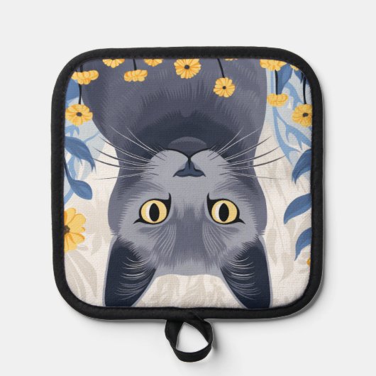 Russisch Blauwe Kat Gele Bloemen Pannenlap (Voorkant)