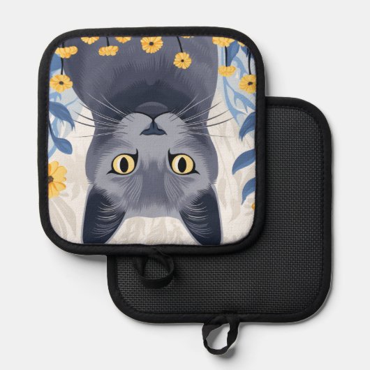 Russisch Blauwe Kat Gele Bloemen Pannenlap (Voorkant / Achterkant)