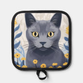 Russisch Blauwe Kat Gele Bloemen Pannenlap (Voorkant)