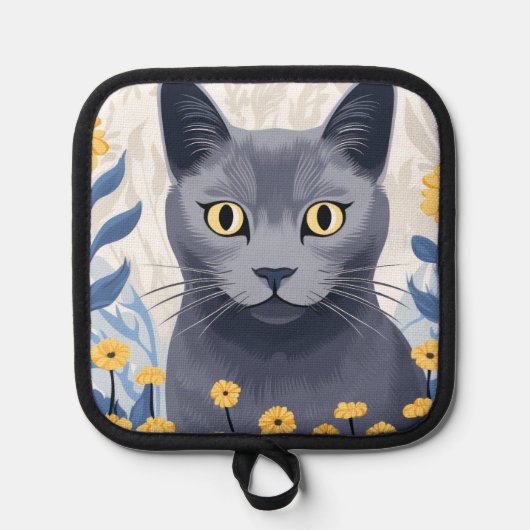 Russisch Blauwe Kat Gele Bloemen Pannenlap (Voorkant)