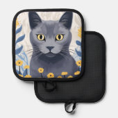 Russisch Blauwe Kat Gele Bloemen Pannenlap (Voorkant / Achterkant)