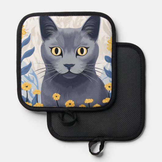 Russisch Blauwe Kat Gele Bloemen Pannenlap (Voorkant / Achterkant)