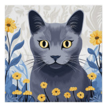 Russisch Blauwe Kat Gele Bloemen