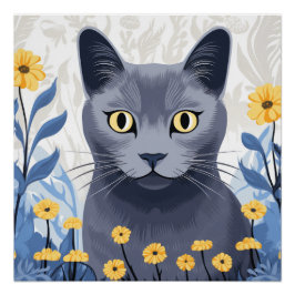 Russisch Blauwe Kat Gele Bloemen Perfect Poster