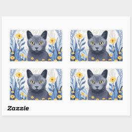 Russisch Blauwe Kat Gele Bloemen Rechthoekige Sticker