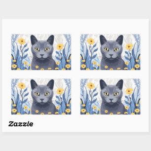 Russisch Blauwe Kat Gele Bloemen Rechthoekige Sticker