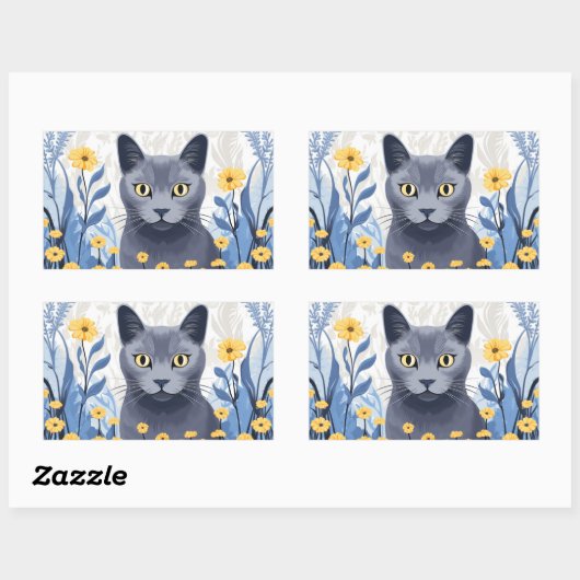 Russisch Blauwe Kat Gele Bloemen Rechthoekige Sticker (Vel)
