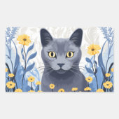 Russisch Blauwe Kat Gele Bloemen Rechthoekige Sticker (Voorkant)