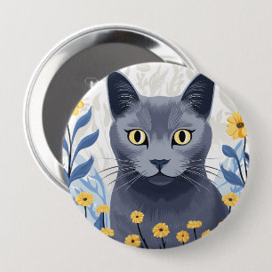 Russisch Blauwe Kat Gele Bloemen Ronde Button 4,0 Cm