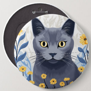 Russisch Blauwe Kat Gele Bloemen Ronde Button 6,0 Cm