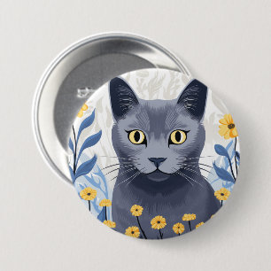 Russisch Blauwe Kat Gele Bloemen Ronde Button 7,6 Cm