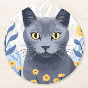 Russisch Blauwe Kat Gele Bloemen Ronde Kartonnen Onderzetter