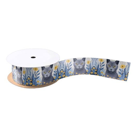 Russisch Blauwe Kat Gele Bloemen Satijnen Lint (Spoel)