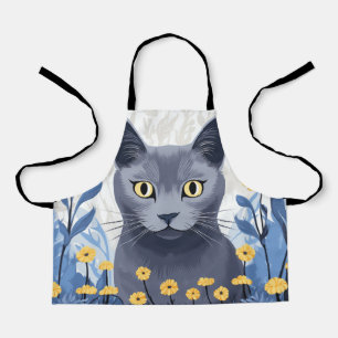 Russisch Blauwe Kat Gele Bloemen Schort