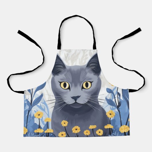 Russisch Blauwe Kat Gele Bloemen Schort (Voorkant)