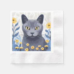 Russisch Blauwe Kat Gele Bloemen Servet