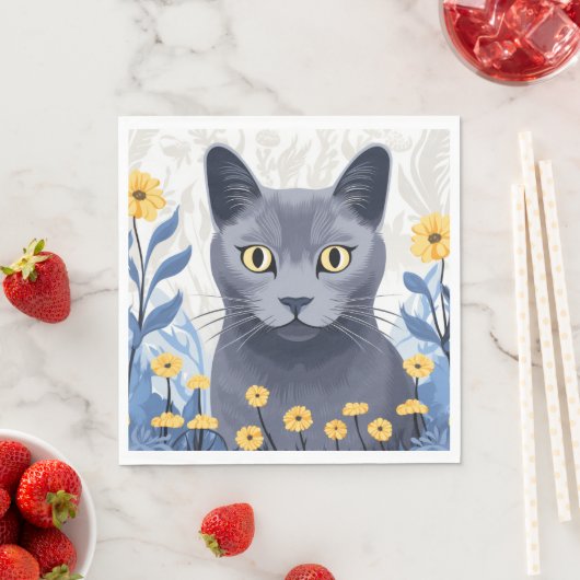 Russisch Blauwe Kat Gele Bloemen Servet (Insitu)