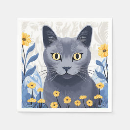 Russisch Blauwe Kat Gele Bloemen Servet