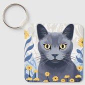 Russisch Blauwe Kat Gele Bloemen Sleutelhanger (Voorkant)
