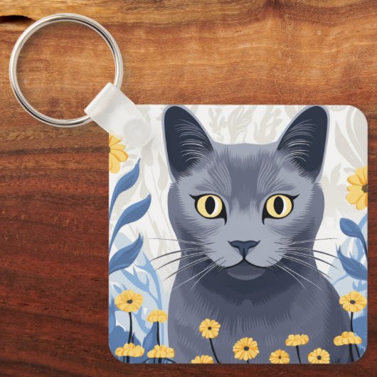 Russisch Blauwe Kat Gele Bloemen Sleutelhanger (Voorkant)