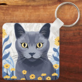 Russisch Blauwe Kat Gele Bloemen Sleutelhanger (Achterkant)