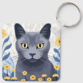 Russisch Blauwe Kat Gele Bloemen Sleutelhanger (Achterkant)