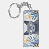 Russisch Blauwe Kat Gele Bloemen Sleutelhanger (Voorkant Links)