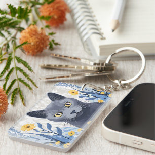 Russisch Blauwe Kat Gele Bloemen Sleutelhanger