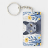 Russisch Blauwe Kat Gele Bloemen Sleutelhanger (Voorkant)